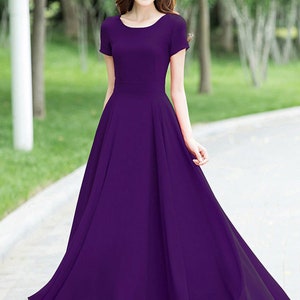 Blue Bridesmaid Dress with sleeves, Simple Beach wedding dress, Summer Long Women Chiffon dress, Bohemian Swing Chiffon maxi dress 1523 5-Purple