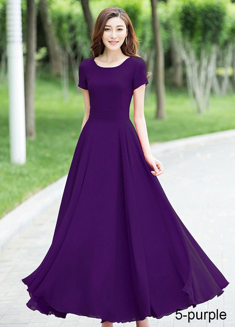 Blue Bridesmaid Dress with sleeves, Simple Beach wedding dress, Summer Long Women Chiffon dress, Bohemian Swing Chiffon maxi dress 1523 5-Purple