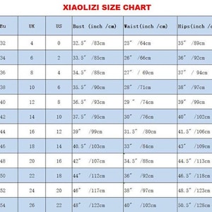 May include: Size chart for women's clothing with international, EU, UK, and US sizes. The chart lists bust, waist, hips, and height measurements in inches and centimeters.