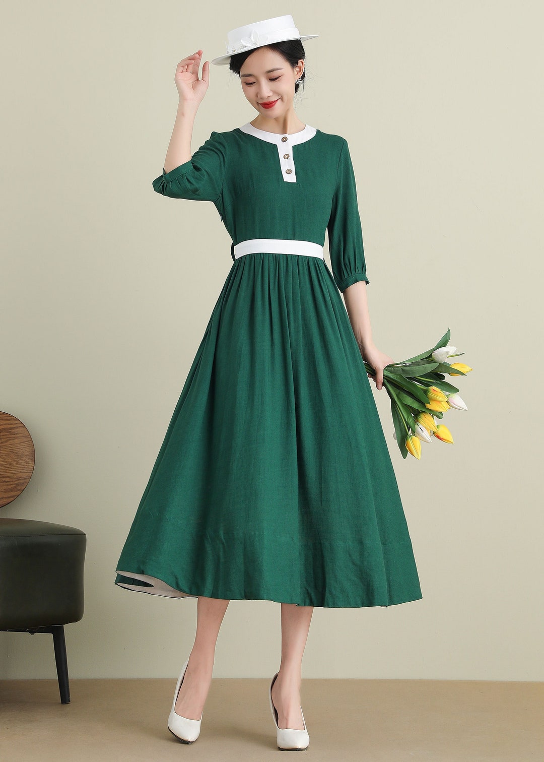 Linen Dress Green Linen Midi Dress Fit and Flare Dress Etsy