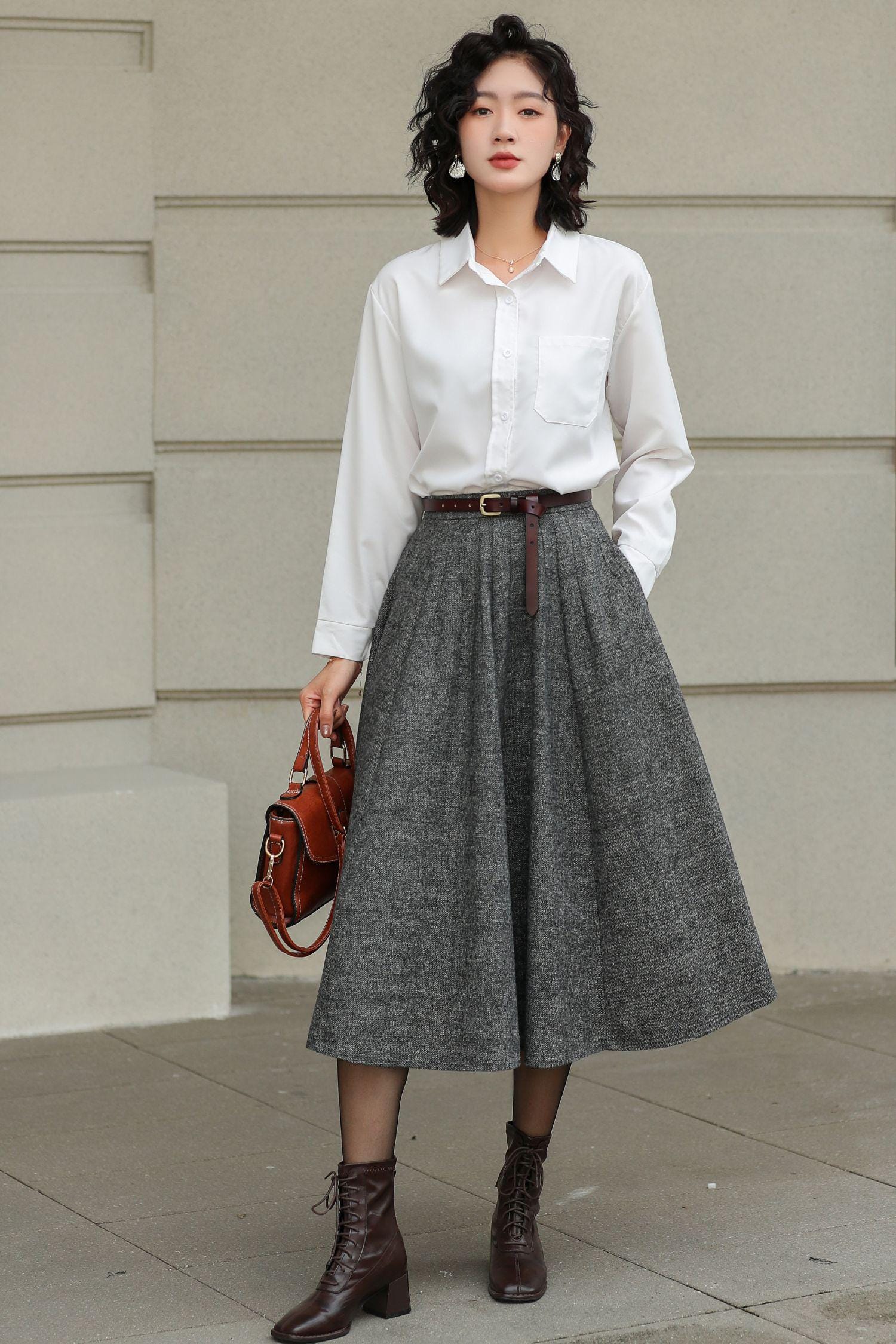 Gray Wool Blend Pleated Midi Skirt: Elegant A-line Fall Winter
