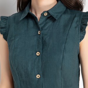 Women Green Sleeveless Button Up Linen Shirt, Summer Linen Shirt, Retro Ruffle Sleeve Linen Shirt, Loose Shirt, Causal Handmade Tops 4251 image 9