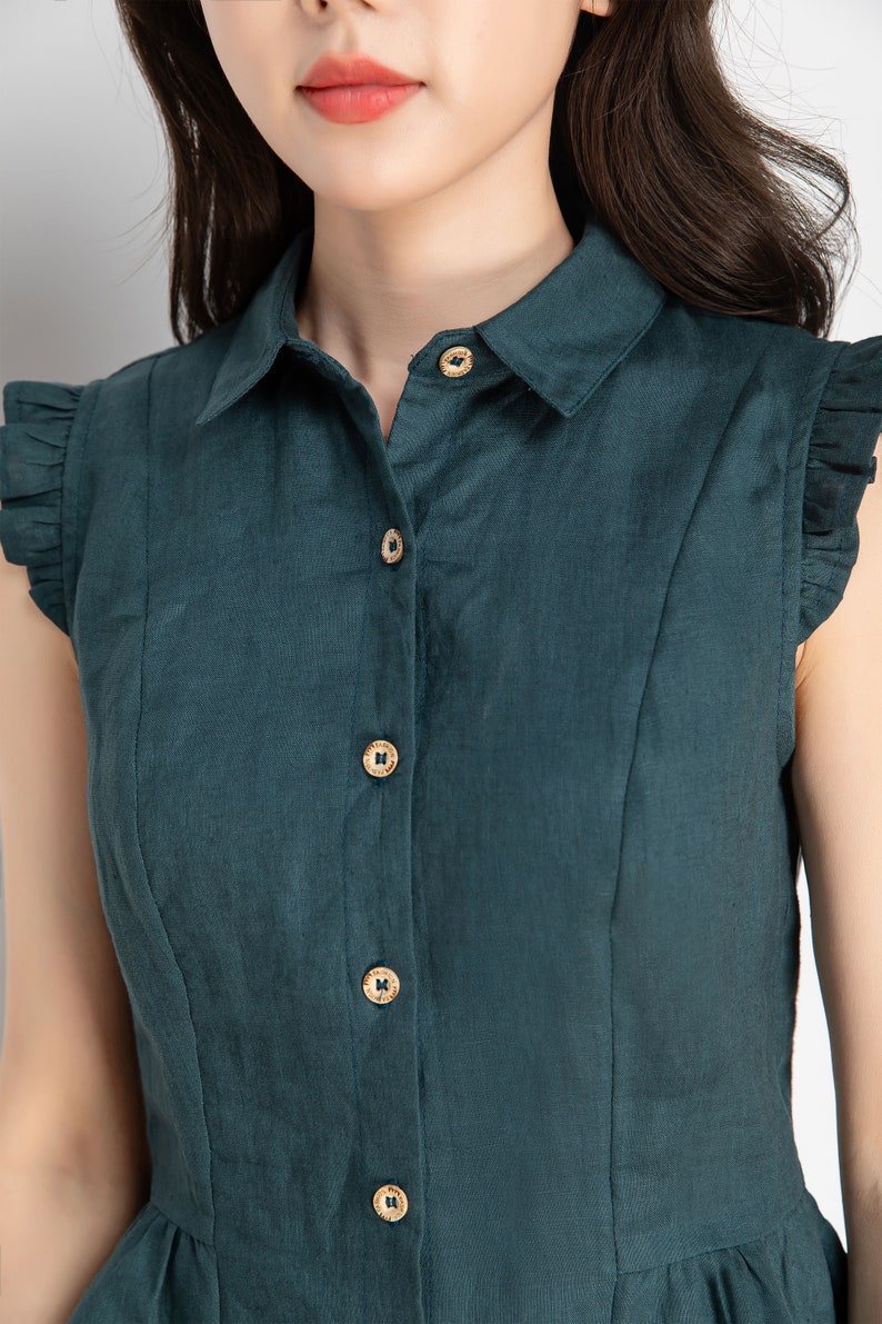 Women Green Sleeveless Button Up Linen Shirt, Summer Linen Shirt, Retro Ruffle Sleeve Linen Shirt, Loose Shirt, Causal Handmade Tops 4251 image 9