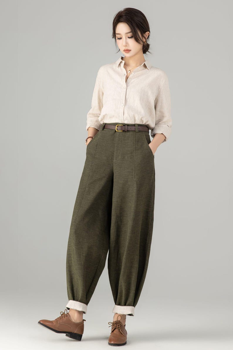 Women's Linen baggy pants, Casual Baggy Harem Pants, Army green Long linen pants, Spring linen pants, Loose Fitting Pants, Xiaolizi 5703 image 5