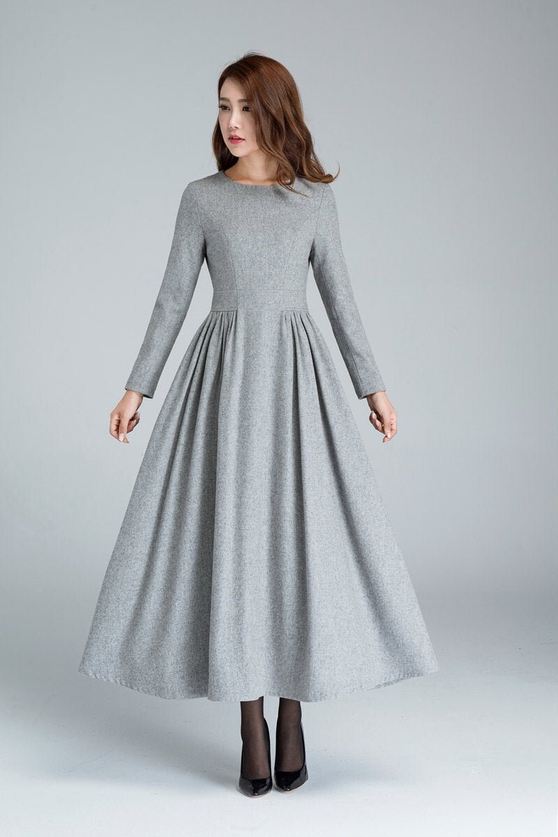 Grey Wool Dress Pleated Dress Long ...