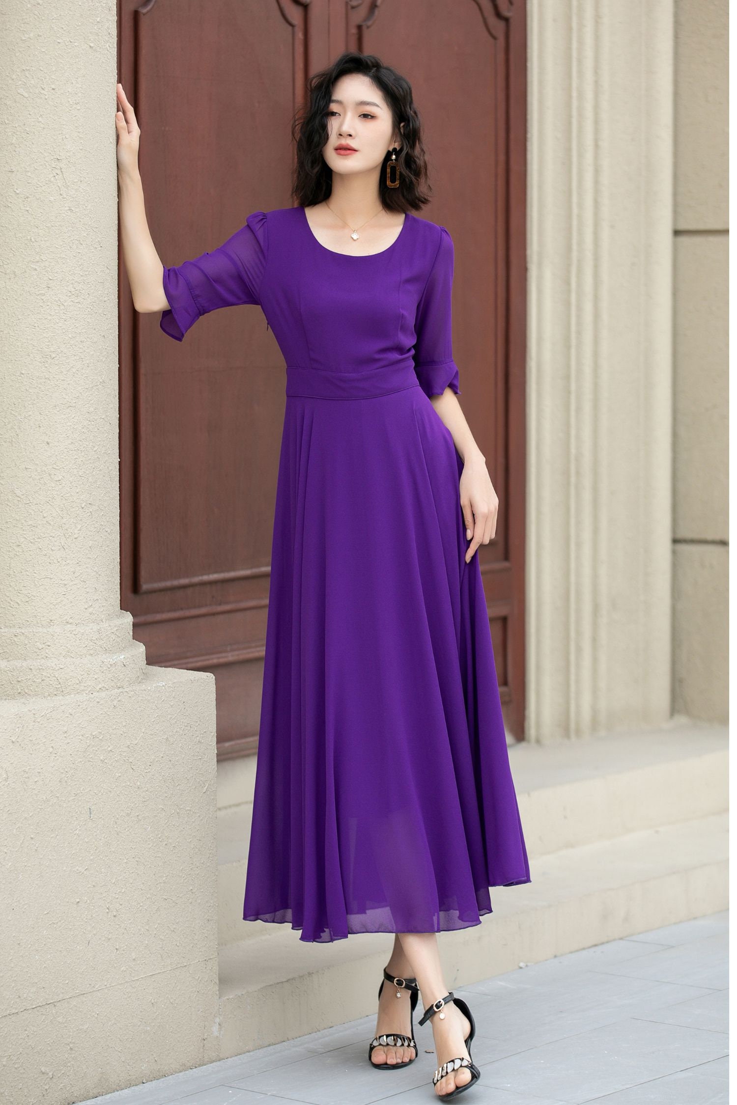 Women's Chiffon Dress, A Line Summer Chiffon Dress, Purple Boho Dress, Big Swing Dress, Circle Chiffon Dress, Ankle Length Dress 5116