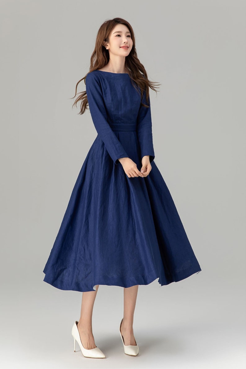 Leinenkleid, Midi Leinenkleid, Leinenkleid für Frauen, Frühlings und Sommerkleid, Swing-Kleid, Blaues Leinenkleid, Kleid nach Maß, Xiaolizi 4925 Bild 1