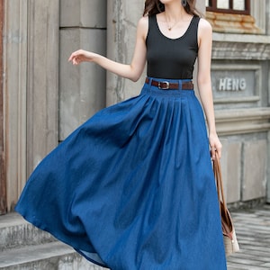 Gonna maxi in lino lungo Swing per donne, gonna da passeggio blu navy, gonna a pieghe a vita alta con tasca, gonna da donna, gonna completa 1046 6-Denim-4286