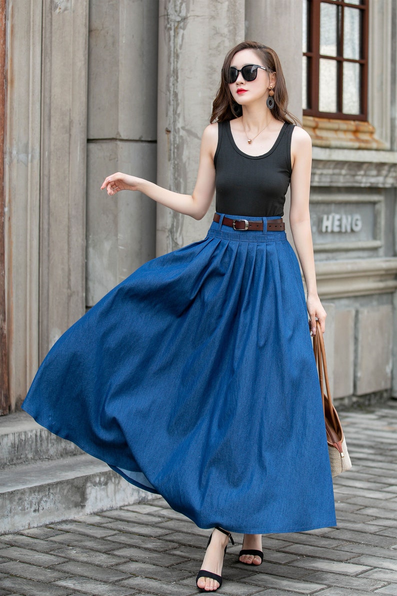 Swing Long Linen Maxi skirt for women, Navy blue walking skirt, High waist swing pleated skirt with pocket, women skirt, full skirt 1046 6-Denim-4286