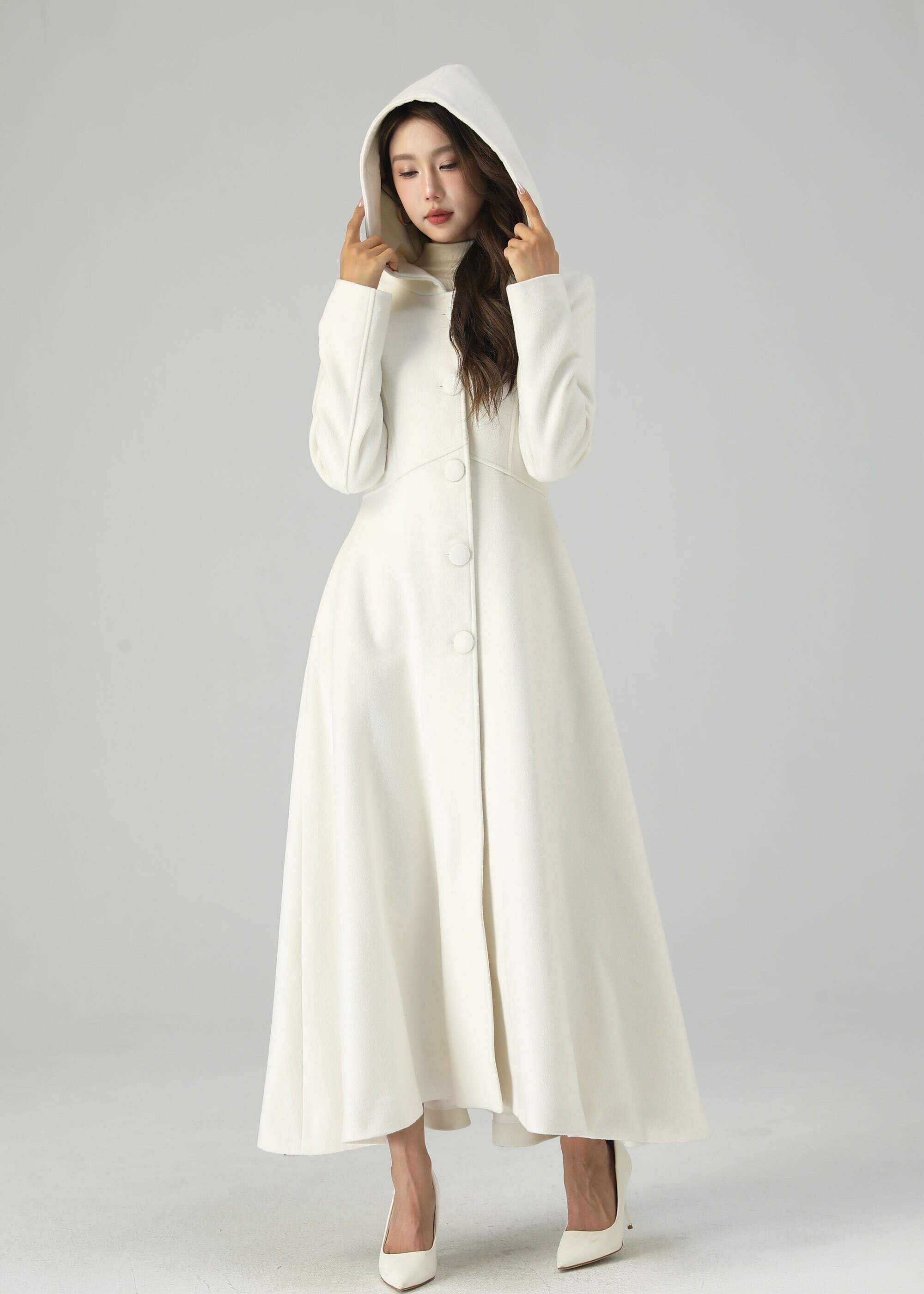 Hooded wool coat, Wedding Wool coat, White wool coat, Womens Winter wool coat, Maxi coat, White Long wool coat, Wool Princess Coat 4519#