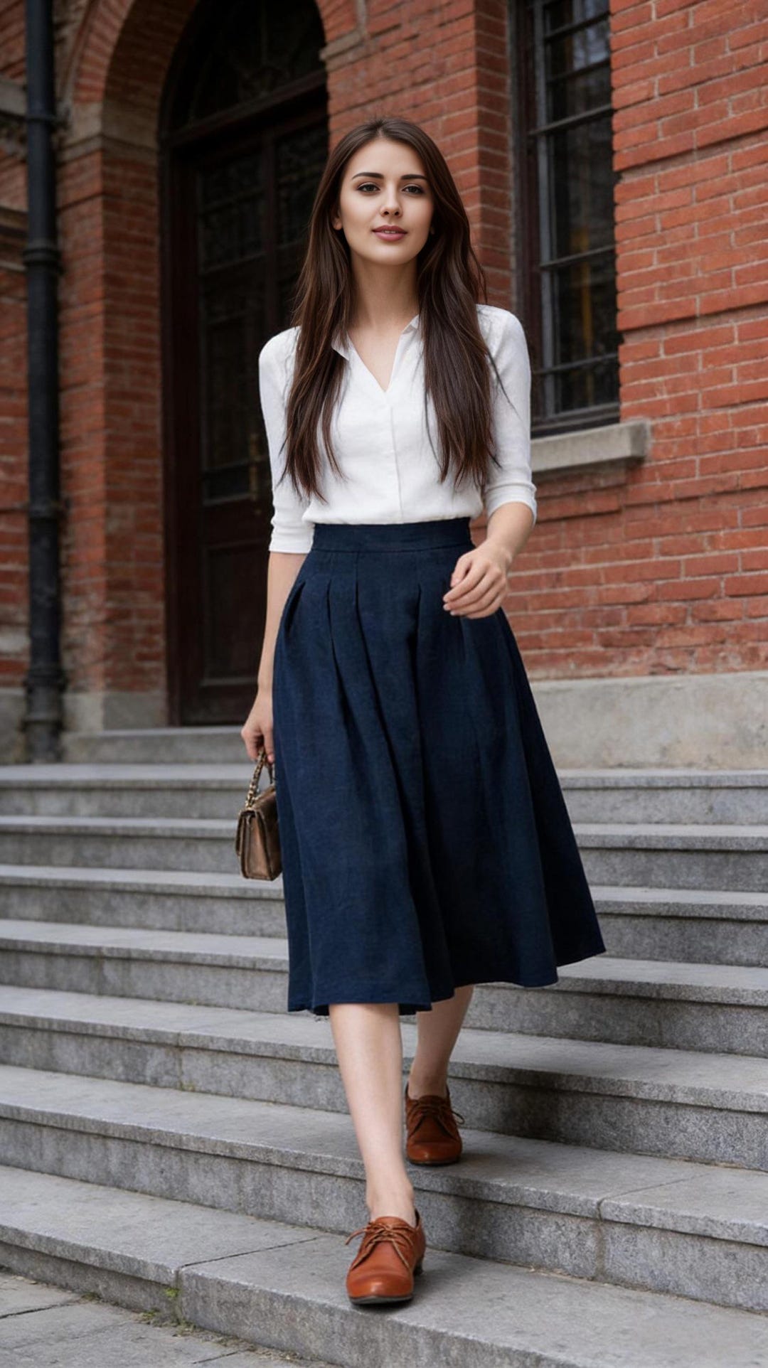 High Waist Linen Midi Skirt, Navy Blue Pleated A-line With Pockets
