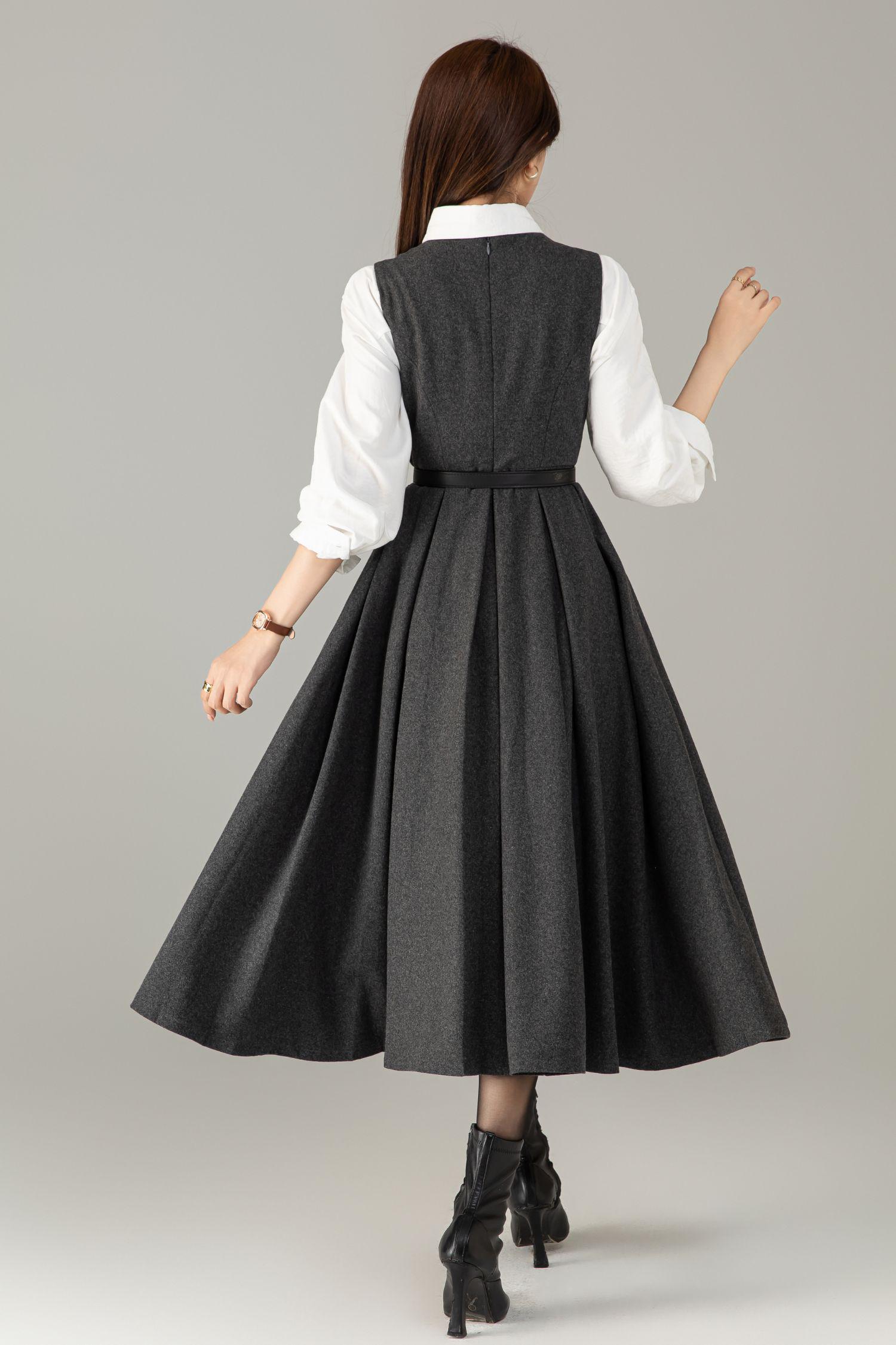 Grey Wool Midi Pinafore Dress: Vintage Style Pleated Jumper