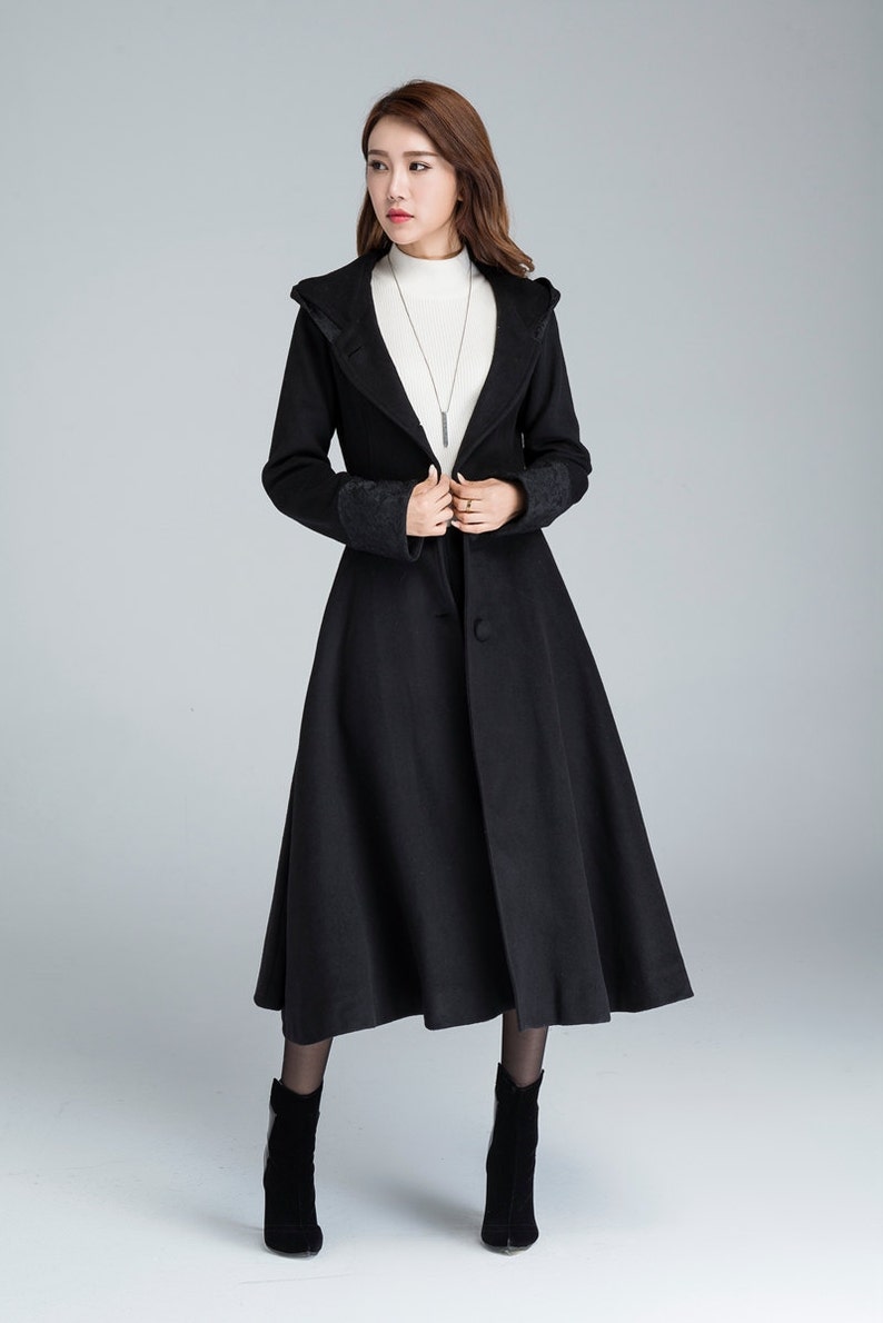 Vintage Inspired Black Wool Swing Coat Hooded wool coat Long | Etsy
