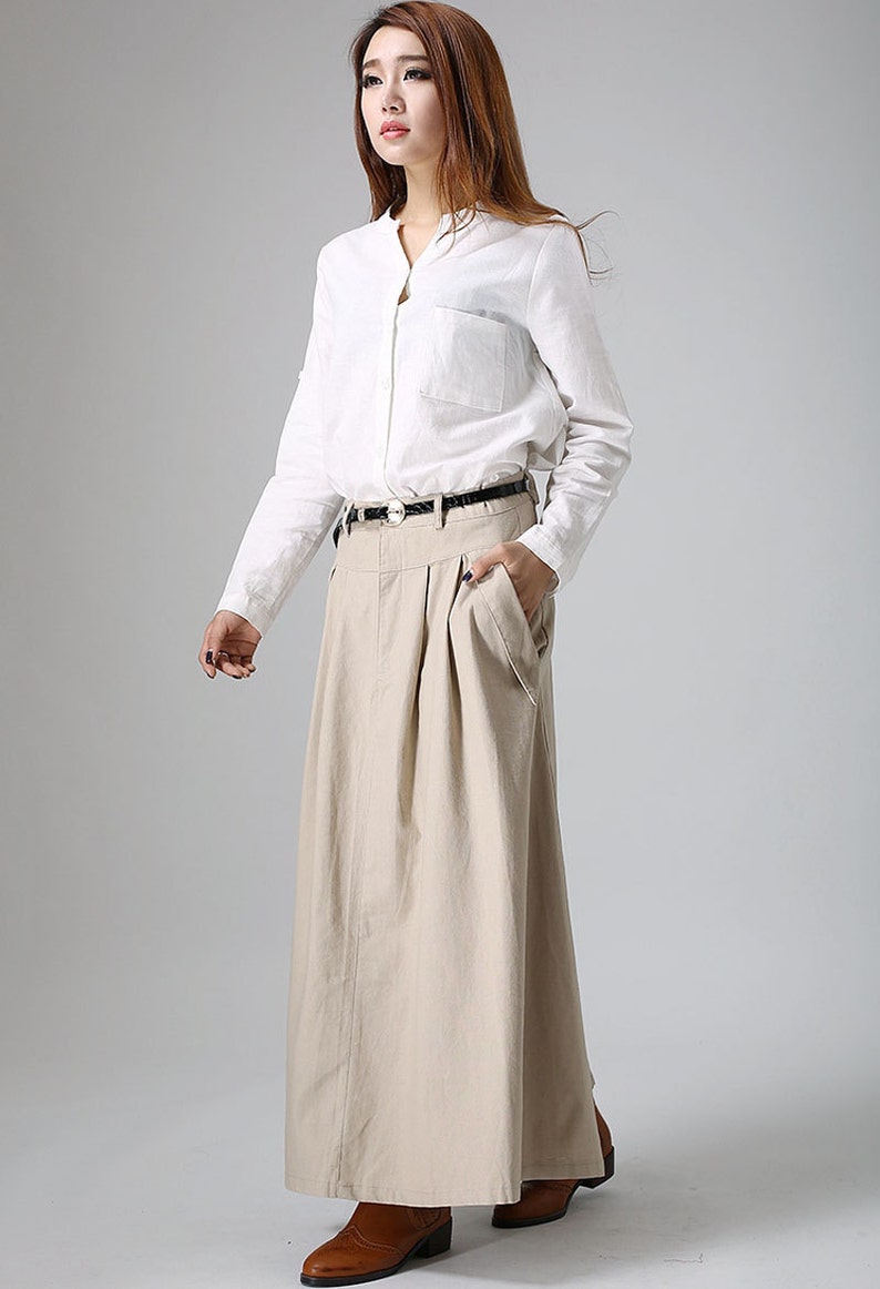 Khaki skirt, maxi skirt, long skirt, casual skirt, linen skirt, summer skirt, pleated skirt, fitted skirt, pockets skirt, gift ideas 0903 image 2