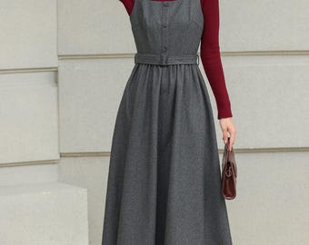 Grey Wool-blend Pinafore Dress: Women A-line Midi Jumper With Belt