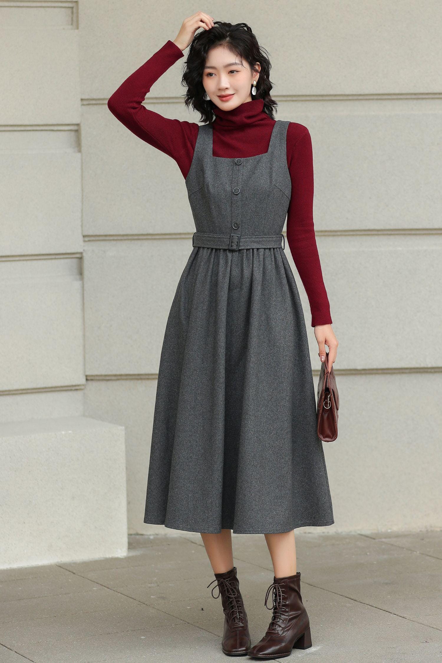 Grey Wool-blend Pinafore Dress: Women A-line Midi Jumper With Belt