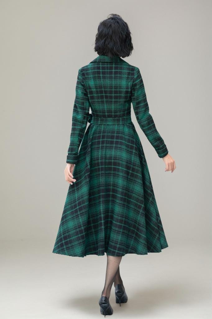 Plaid Wool Midi Dress: Fit & Flare Long Sleeve Swing Dress, Fall Autumn, Xiaolizi 5343