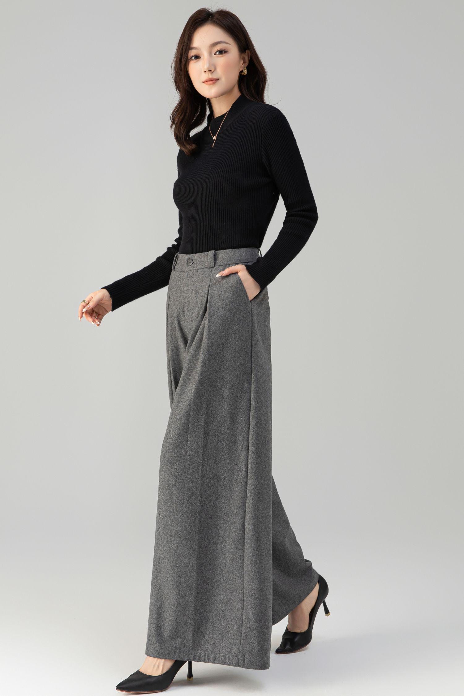 Gray Wool Blend Wide Leg Pants: High Waisted Women's Pleated