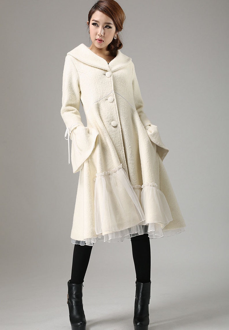 Swing White wool coat, winter wedding coat, wool coat for women, party coat, coat with lace, warm coat, dress wool coat, fashion coat 0725 image 2