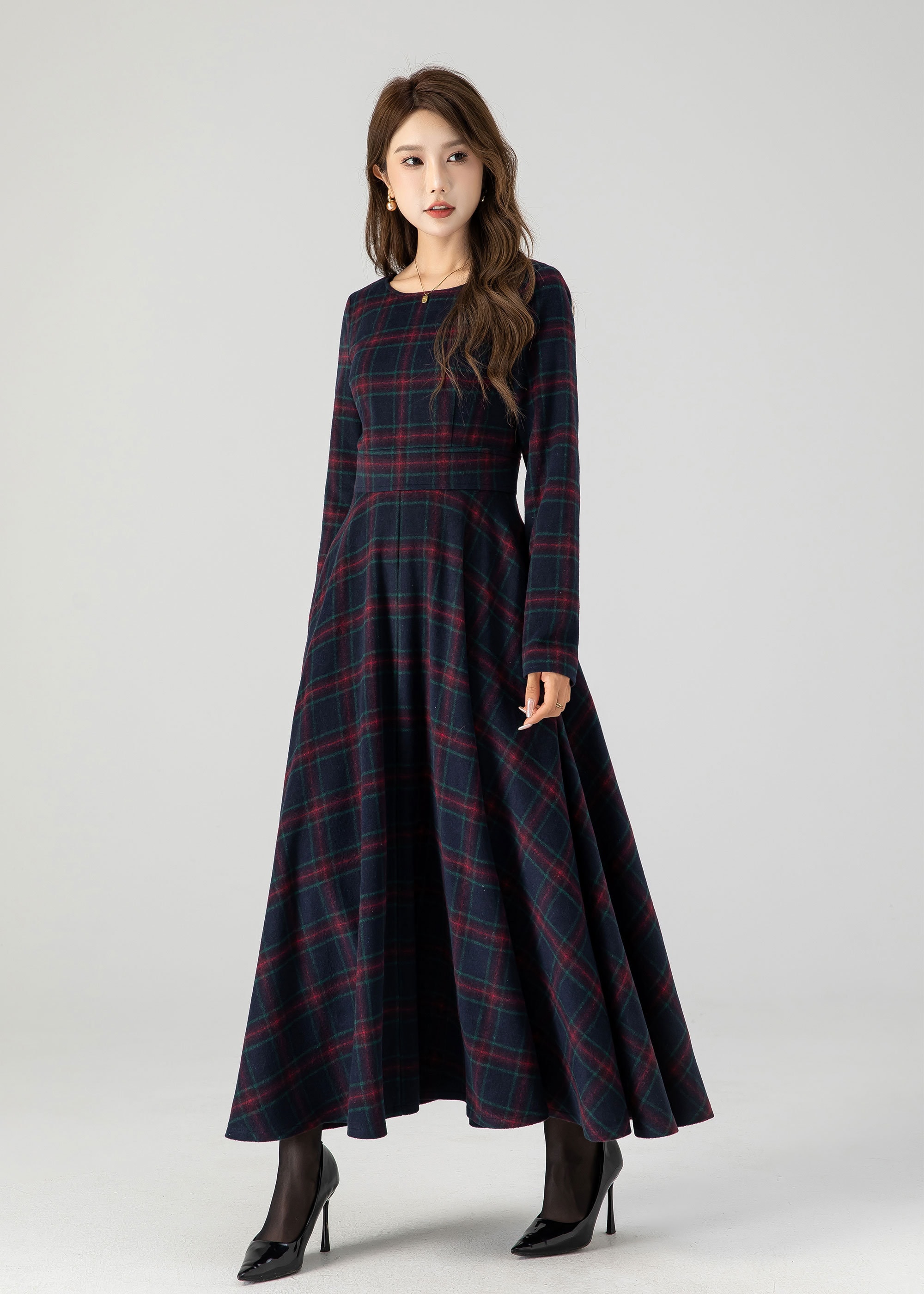 Tartan Wool Maxi Dress, Plaid Wool Dress, Swing Wool Dress Tartan Wool Maxi Dress, Plaid Wool Dress, Swing Wool Dress