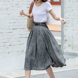 Pleated swing midi skirt, Midi Linen Skirt, Swing Linen Skirt With Pockets, Womens Skirt, A Line skirt, Xiaolizi, Handmade skirt 2882 3-Gray