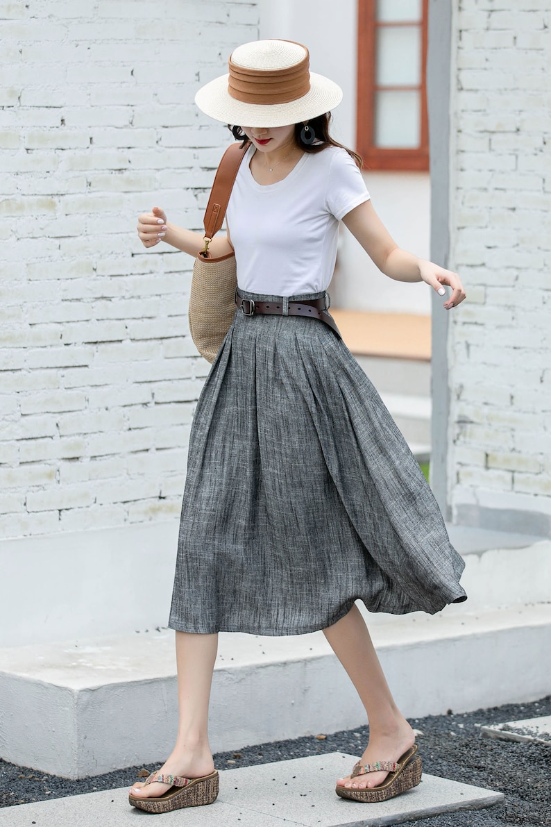 Pleated swing midi skirt, Midi Linen Skirt, Swing Linen Skirt With Pockets, Womens Skirt, A Line skirt, Xiaolizi, Handmade skirt 2882 image 8