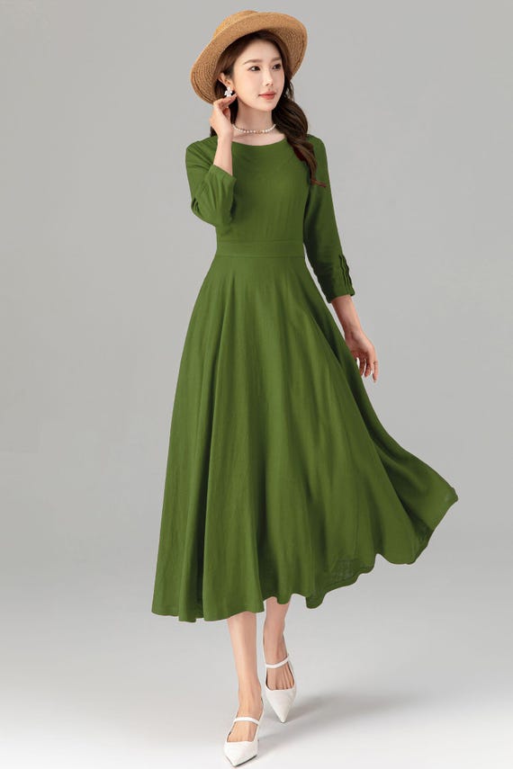 Maxi Linen Dress, Green Pleated dress 0971# Maxi Linen Dress, Green Pleated dress 0971#