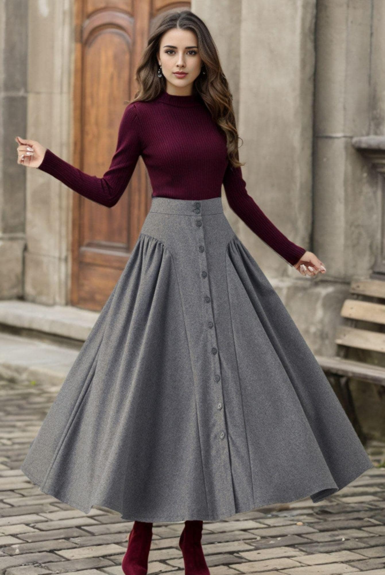 Brown Wool A-line Skirt: Button Front Midi, Plus Size, Weekend