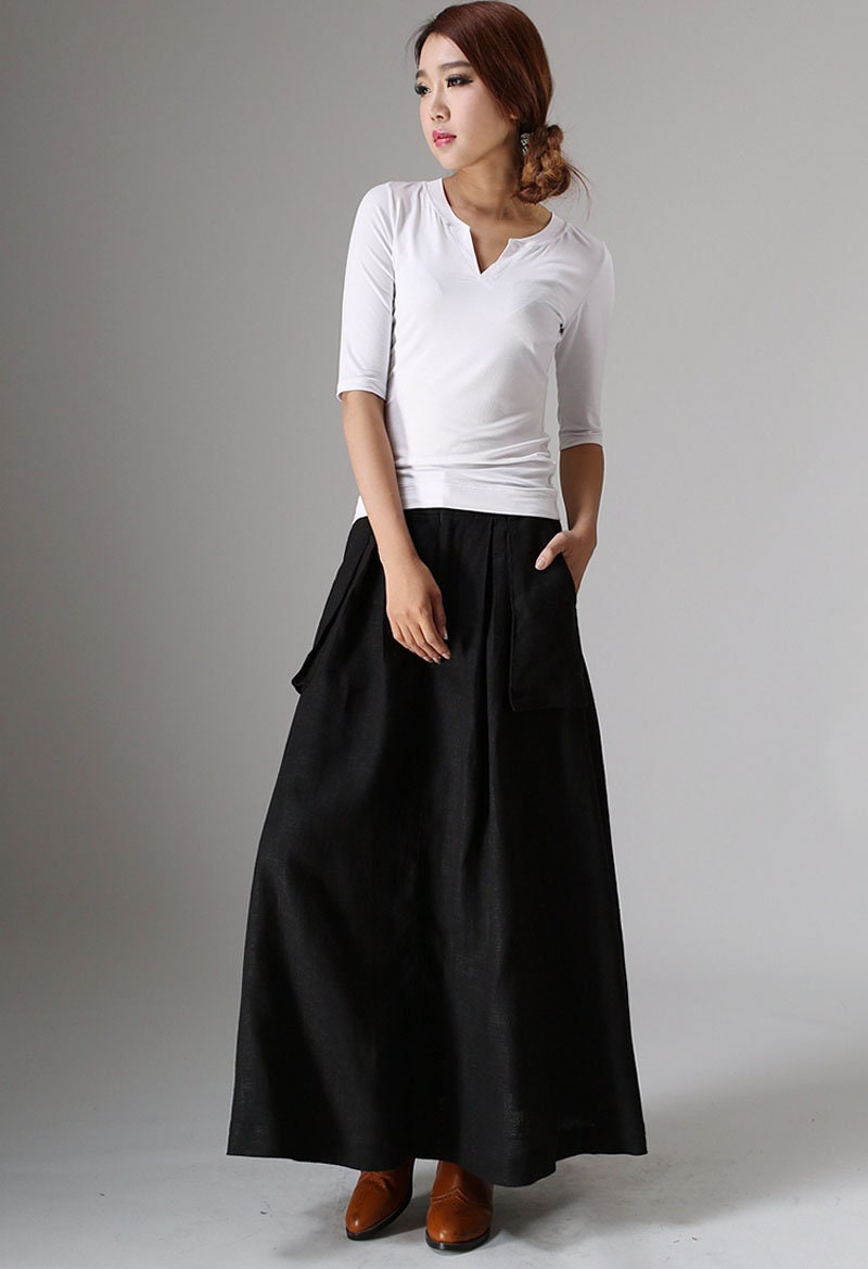 Black Linen Maxi Skirt With Pockets, Plus Size A-line Skirt