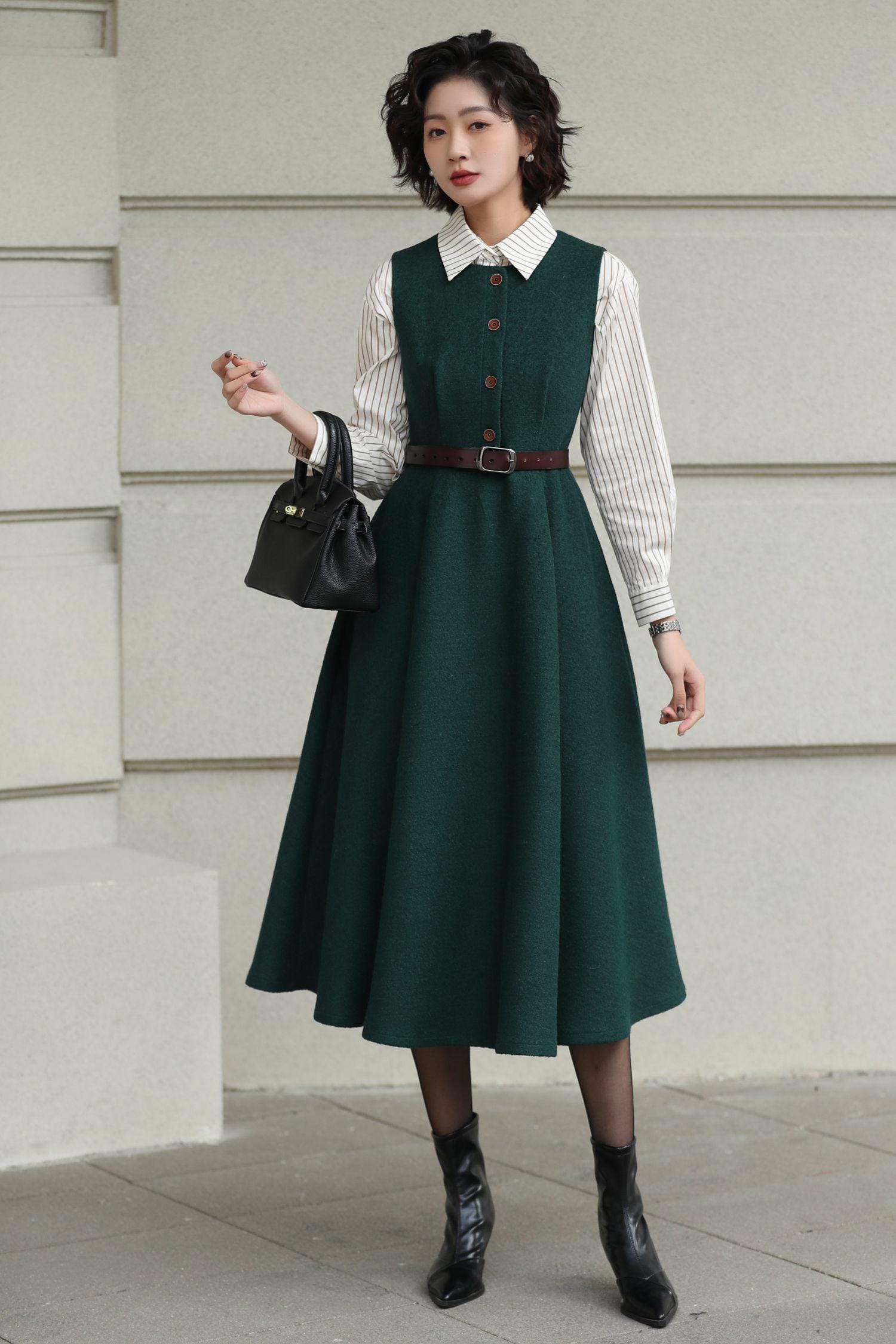 Green Wool Blend Midi Dress: Classic Sleeveless A-line Winter