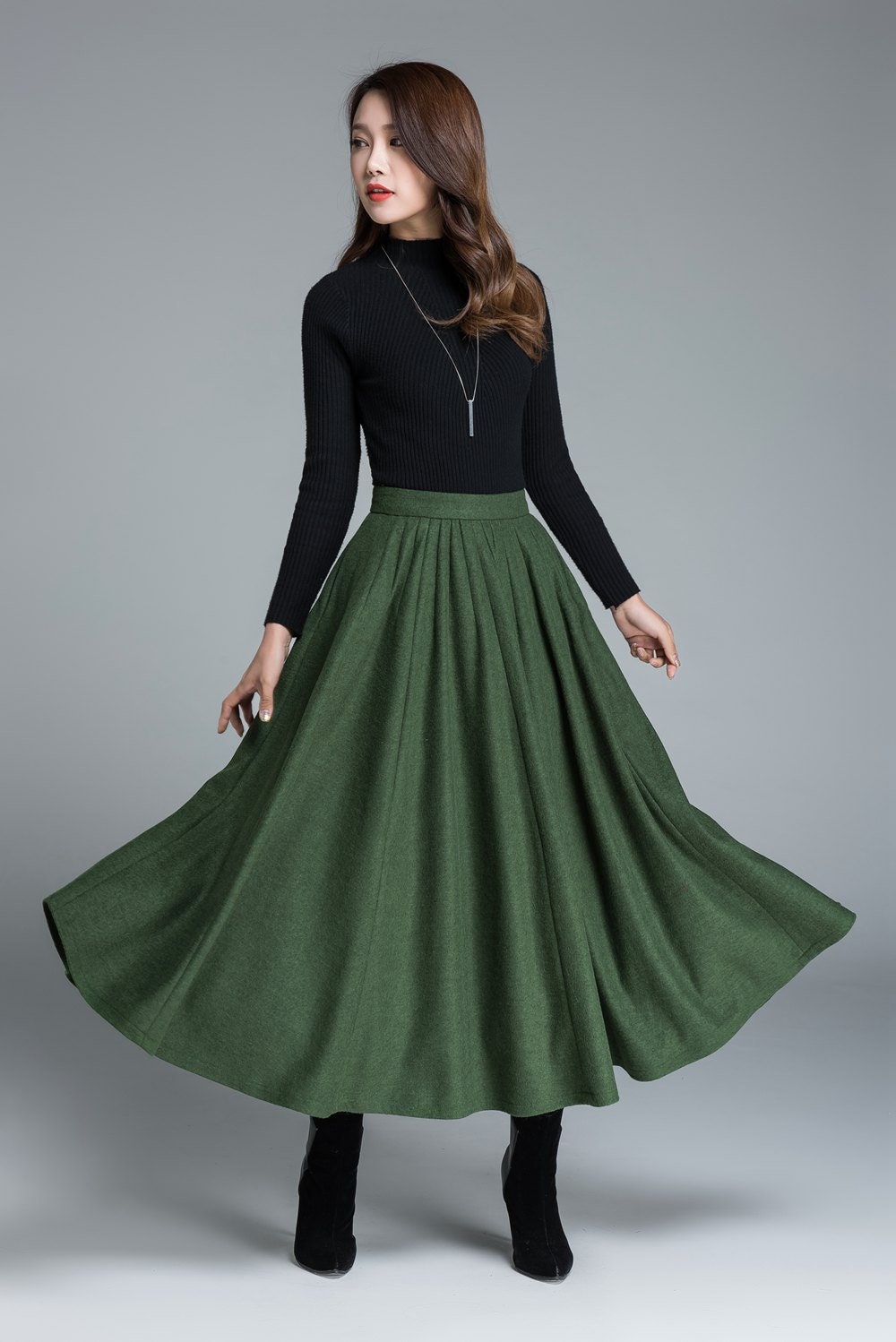 ◆Loulouseoul◆ Joy Wool Check Midi Skirt Green Womens Midi Green Wool Skirt, Winter Skirt, Button Down