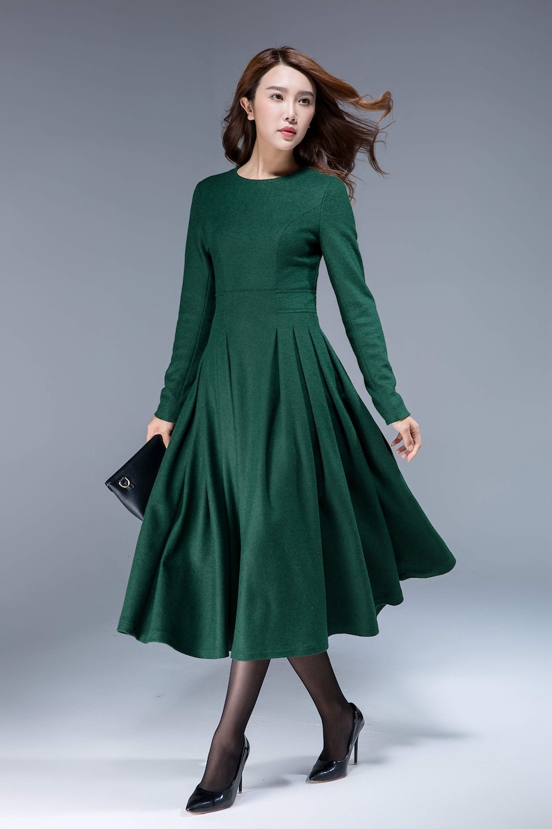 Green Dress Wool Dress Midi Dress Pleated Dress Fit and - Etsy Canada