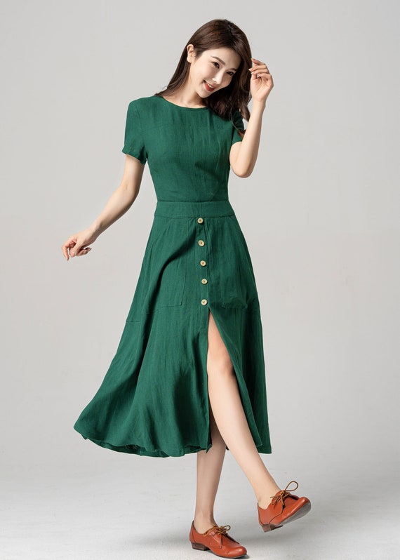Groene linnen jurk linnen Midi jurk Midi linnen jurk A lijn jurk met zakken zomer linnen jurk dames linnen jurk Xiaolizi 4191 Etsy Nederland