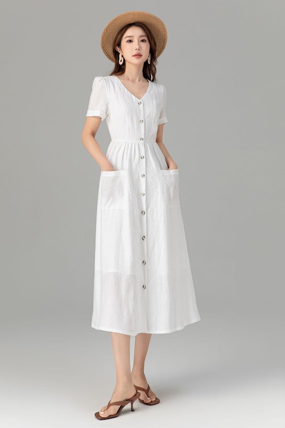 Linen Summer Dress | Xs White Button Down With Pockets 4922 Handmade By Xiaolizi