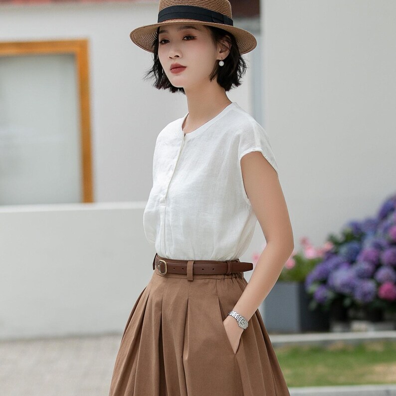 Blusa blanca de lino puro, estilo vintage con botones en la parte delantera, ideal para la oficina en verano, Xiaolizi 5992 imagen 8