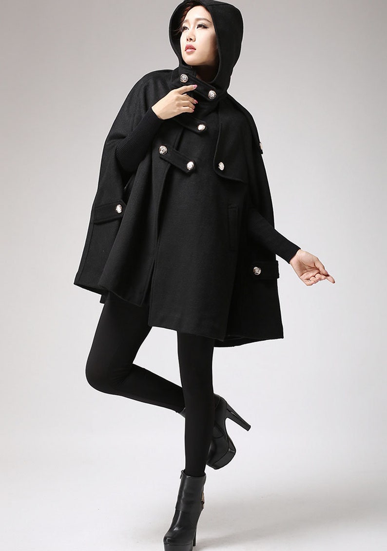 Black Wool Cape Coat, Hooded Cape coat, Women cape, Military cape coat, Winter Cape, Plus Size cape, Poncho Cape, Wool Cloak, Xiaolizi 0698 image 4