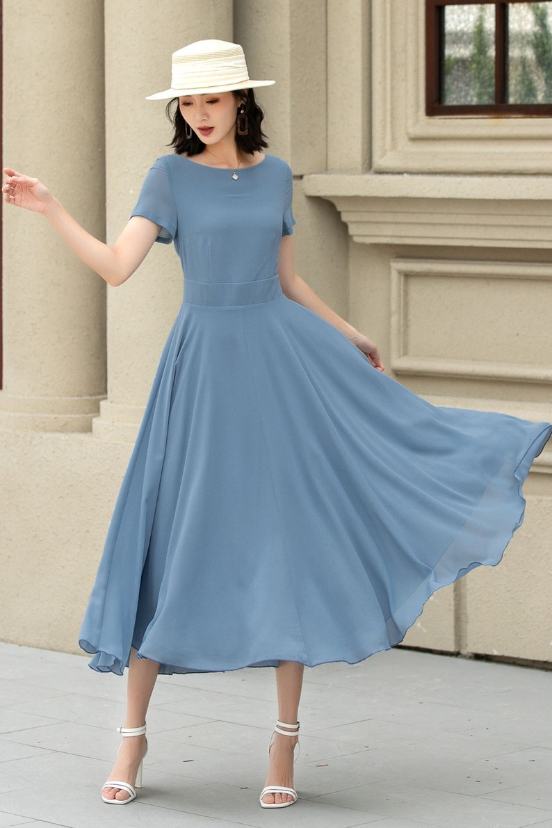 Summer office dress, Blue Chiffon Dress, Midi chiffon dress, Womens Swing Chiffon dress, fit and flare dress, Custom dress, XiaoLizi 5192 1-Blue