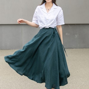 Green Swing Linen Skirt, Wrap linen skirt, Linen Midi Skirt, Linen Skirt with Pockets, A Line Skirt, Spring Custom Skirt, Xiaolizi 4269 image 4