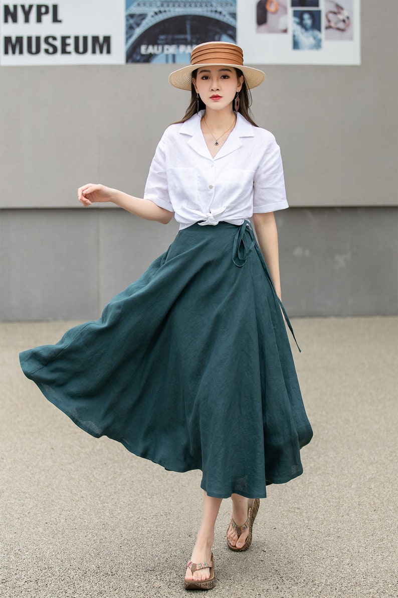 Green Swing Linen Skirt, Wrap linen skirt, Linen Midi Skirt, Linen Skirt with Pockets, A Line Skirt, Spring Custom Skirt, Xiaolizi 4269 image 4