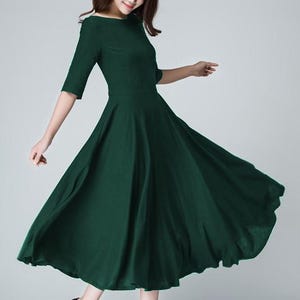 Czarna lniana sukienka midi, elegancka sukienka w kształcie litery A z krótkimi rękawami, sukienka rozkloszowana, sukienka lniana z rozkloszowanym dekoltem, sukienka z dekoltem w łódkę, Xiaolizi 5602 2-Dark green