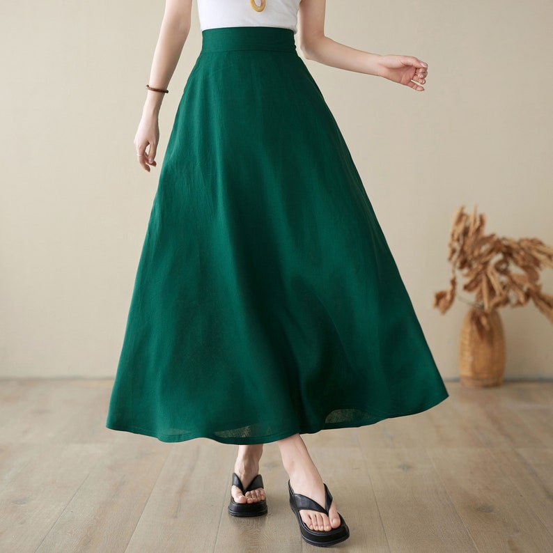 Long Linen Skirt, Linen Maxi Skirt for Women, A Line Long Skirt, High Waist Flared Skirt, Minimalist Skirt, Spring Summer Swing Skirt 2767 2-Green