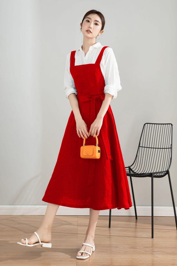 Linen Pinafore Dress - Apron Style Midi Dress, Sleeveless