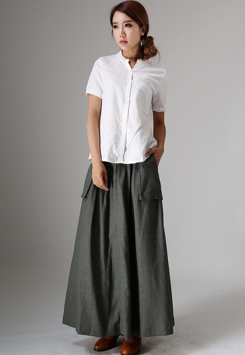 Wide leg Maxi Linen skirt, A Line skirt with pockets, Green linen skirt, linen skirt, womens skirt, Long linen skirt, skirt for women 0987 image 4