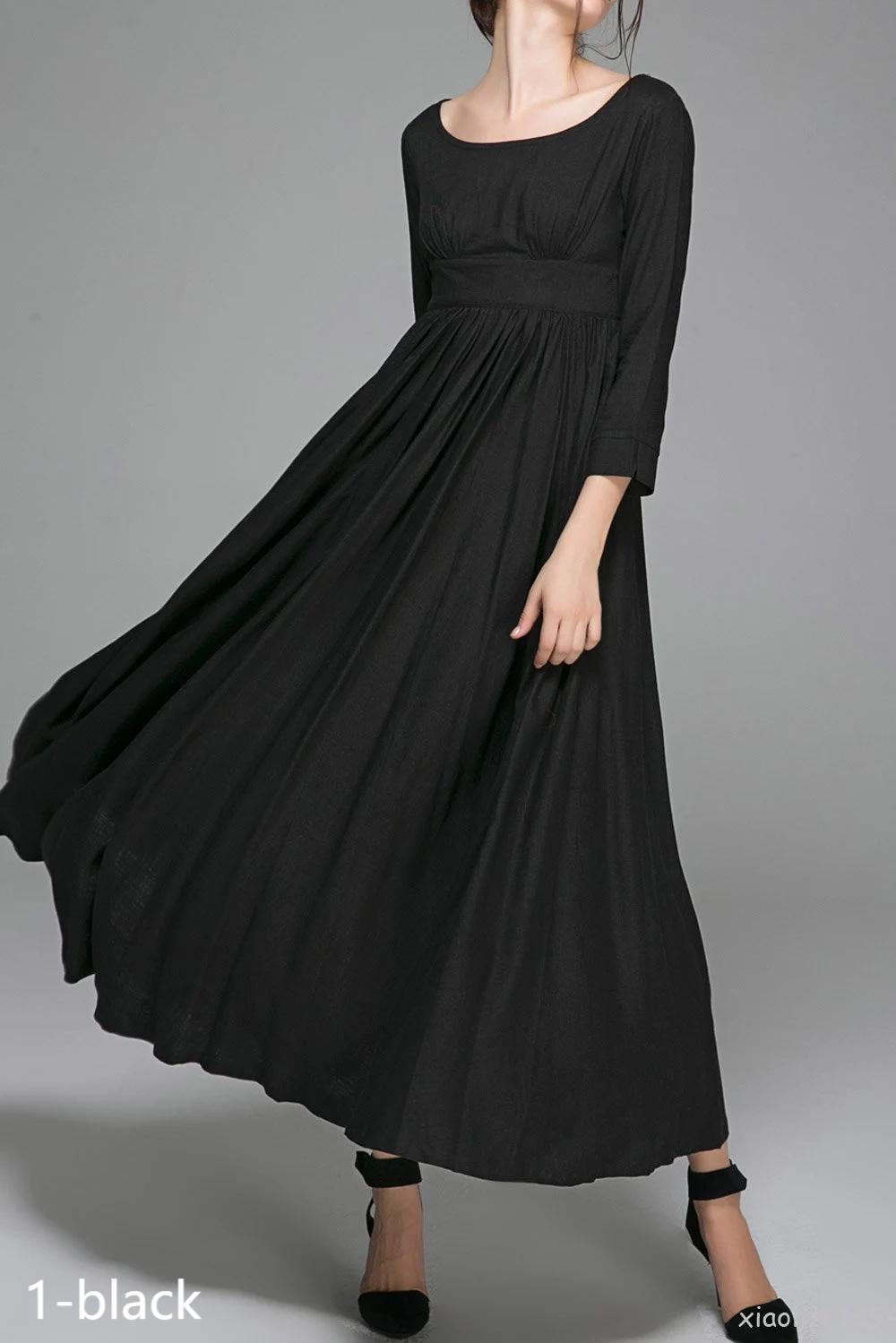 Linen Maxi Vintage Dress | M Black Inspired with Empired Waist 1394 Handmade by Xiaolizi