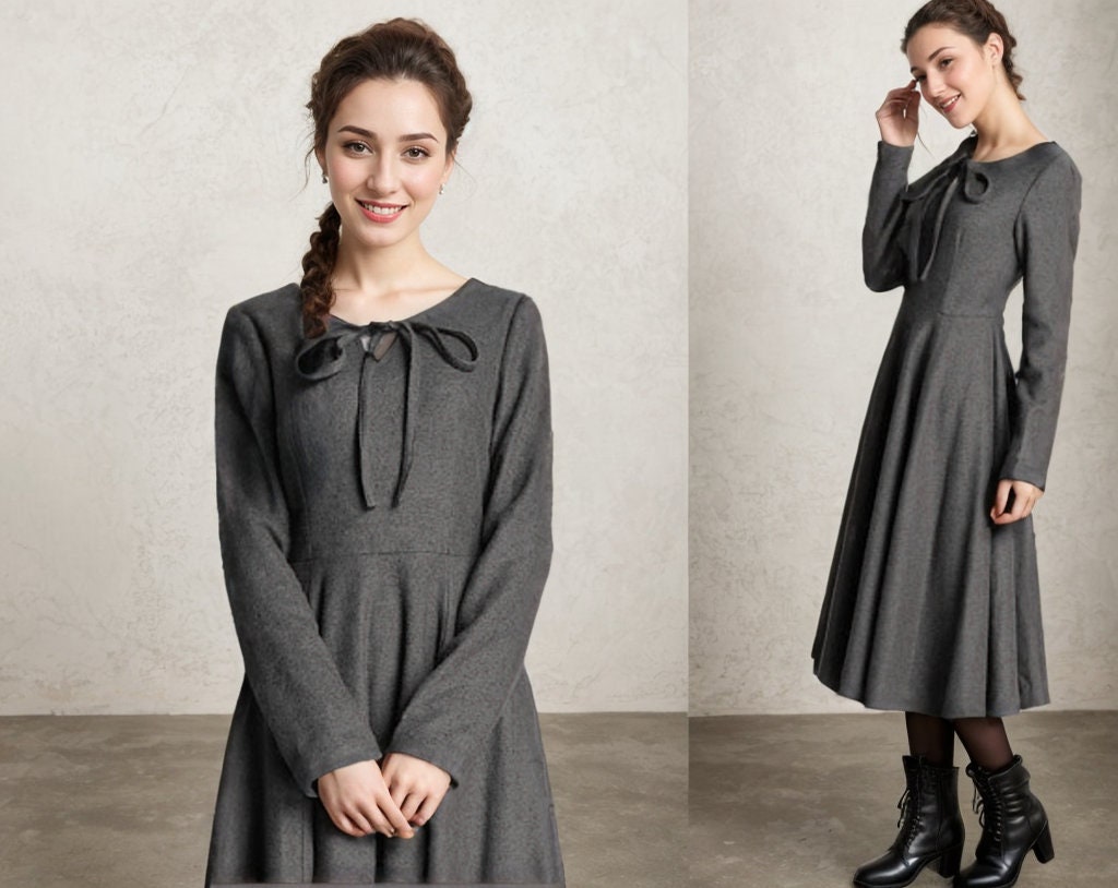 ワンピース [ODLYWORKSHOP] Wool Mini Dress Wool Dress, Midi Wool Dress, A-line Wool Dress, Gray Wool