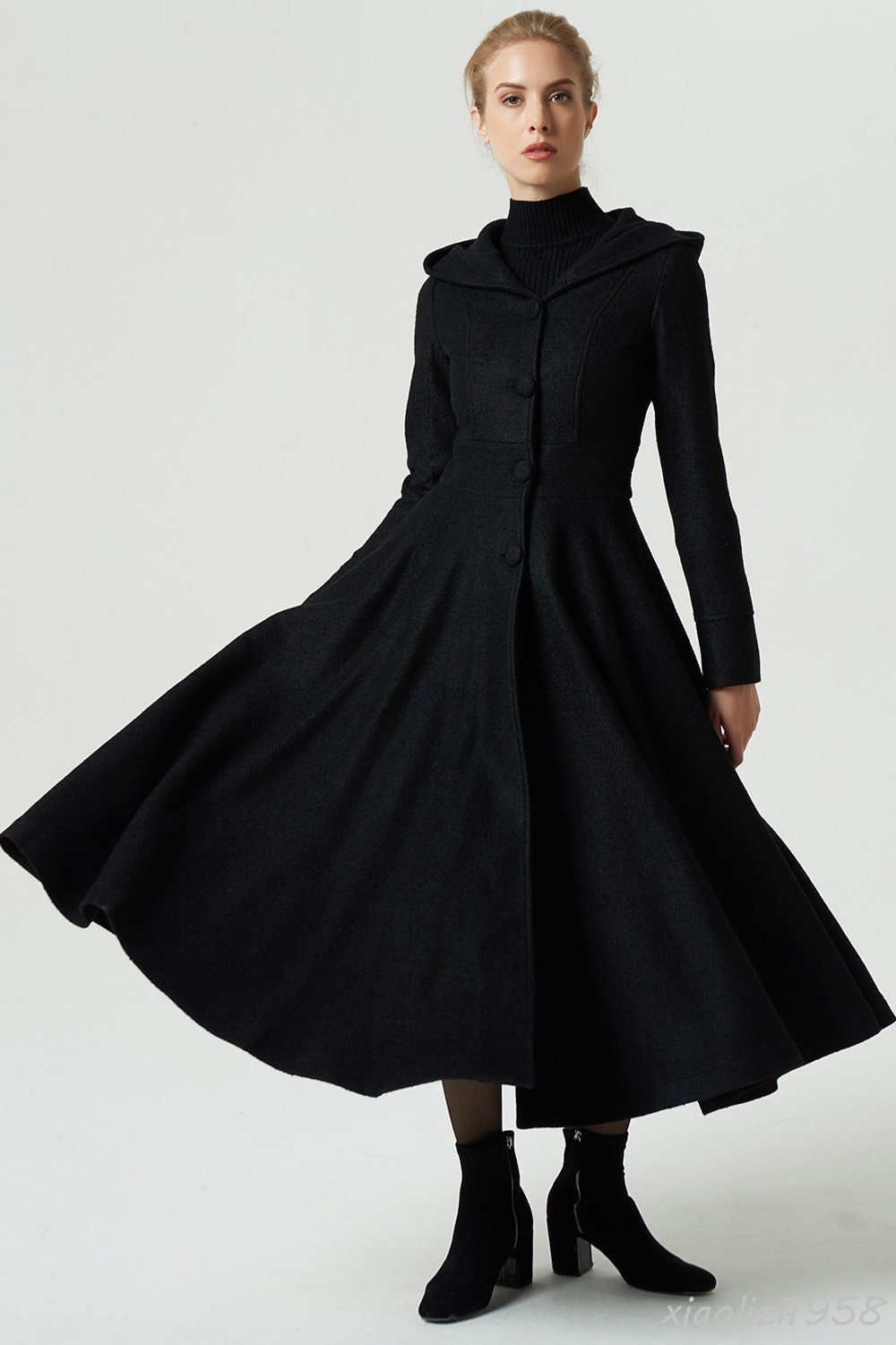 Long wool coat maxi coat black coat dress coat hooded | Etsy