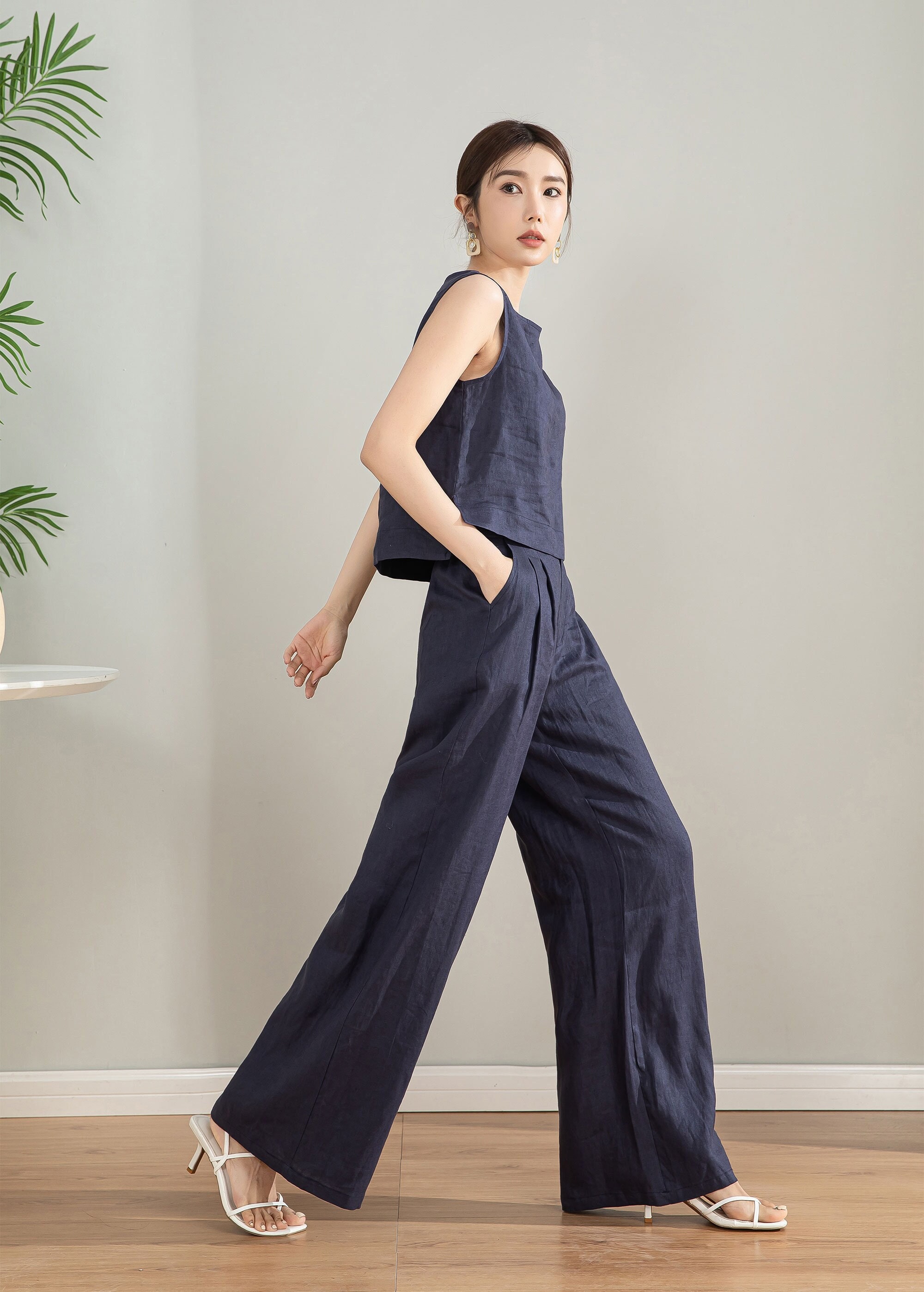 Two Piece Set Linen, Blue Linen Top and Wide Leg Linen Pants