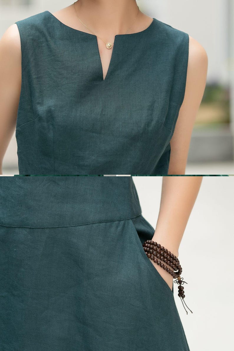 Peut inclure: Une robe en lin sans manches, de couleur vert fonc&eacute;, avec un d&eacute;collet&eacute; en V et une silhouette simple et fluide. La robe a une poche sur le c&ocirc;t&eacute; et une forme l&eacute;g&egrave;rement trap&egrave;ze.