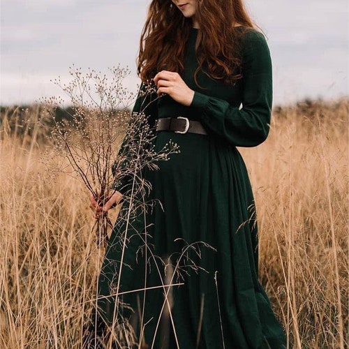 Women Vintage inspired Medieval dress, Long sleeve Linen maxi dress, Green dress, Long dress, Modest dress, Gothic dress, Autumn dress 3125#