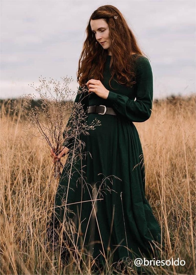 Women Vintage inspired Medieval dress, Long sleeve Linen maxi dress, Green dress, Long dress, Modest dress, Gothic dress, Autumn dress 3125 image 1